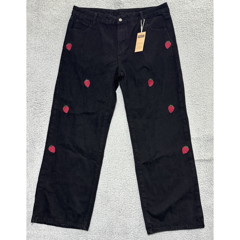 Genleck Strawberry Embroidered Black Straight Jeans Womens 2XL 36x29 Stretch NEW
